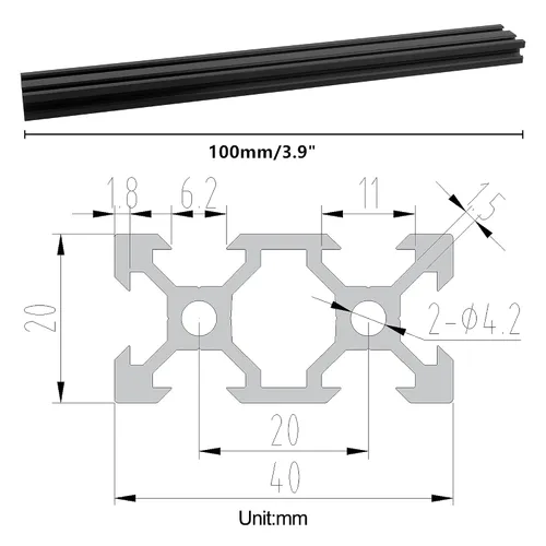 Vista 5 de Extrusión de aluminio 2040 V, 2 piezas de 100 mm de 2040 ranura en V estándar europeo anodizado perfil de aluminio negro extrusión de riel lineal