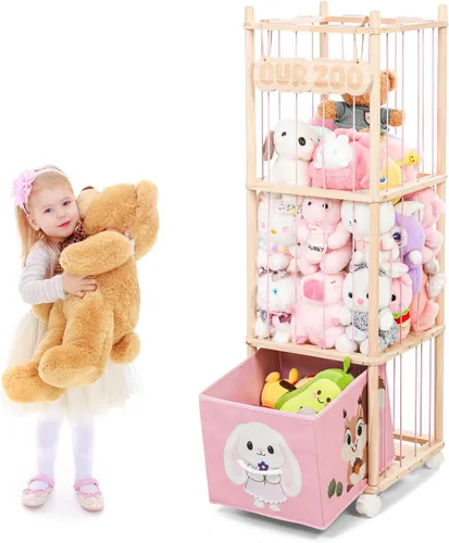 Vista 9 de Bookshelf and Toy Storage Organizer, 3-Tier Sling Book Rack with Stuffed Animal Storage and Toy Bins, Space Saving Bookcase for Bedroom, Playroom
