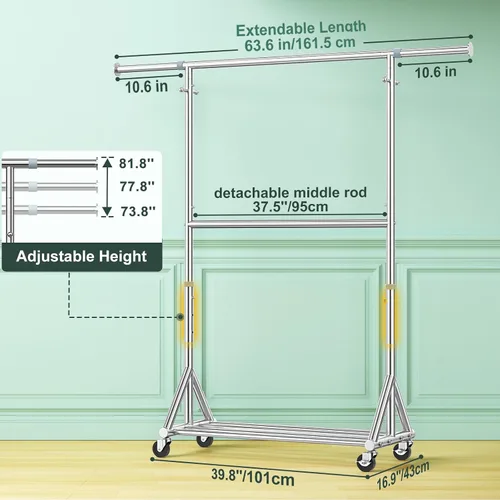 Vista 3 de Perchero de doble barra resistente con carga de 860 libras, percheros de ropa portátiles ajustables para colgar ropa, perchero rodante con ruedas