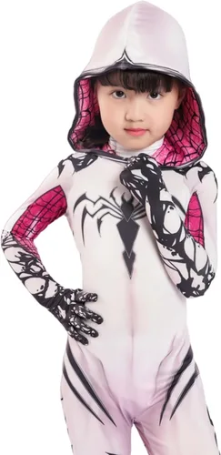 Vista 5 de LG LOUIS GARDEN Disfraz de araña para niños, estilo 3D, traje de araña blanca, overol con máscara para fiesta de Halloween, cosplay, traje para niñas