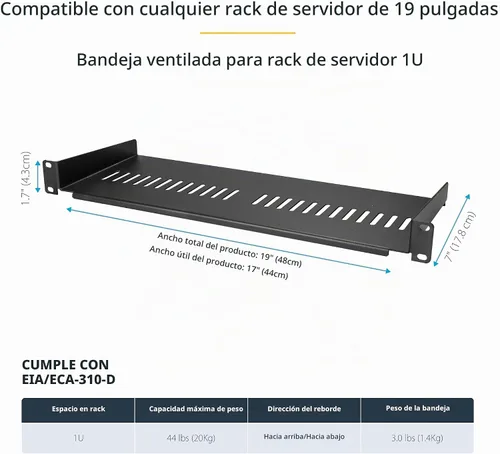 Vista 3 de StarTech Estante de bastidor de servidor de 1U - Bandeja universal con ventilación en voladizo para bastidor de 19" para equipos de red y gabinete