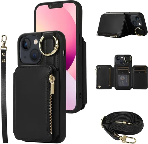 Vista 14 de UEEBAI Funda tipo cartera cruzada para iPhone 13 Pro Max de 6.7 pulgadas, tarjetero con función atril y bloqueo RFID, funda de piel sintética