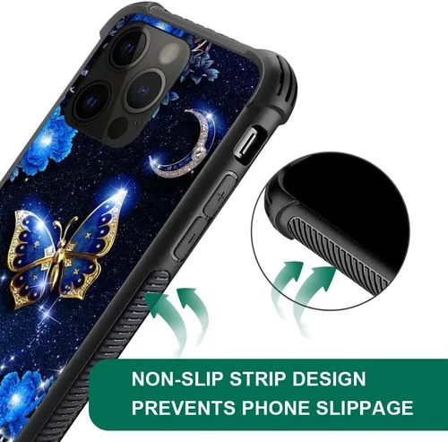 Vista 5 de Funda compatible con iPhone 14 Pro, fundas para mujeres y niñas, cielo azul, flor, luna y mariposa