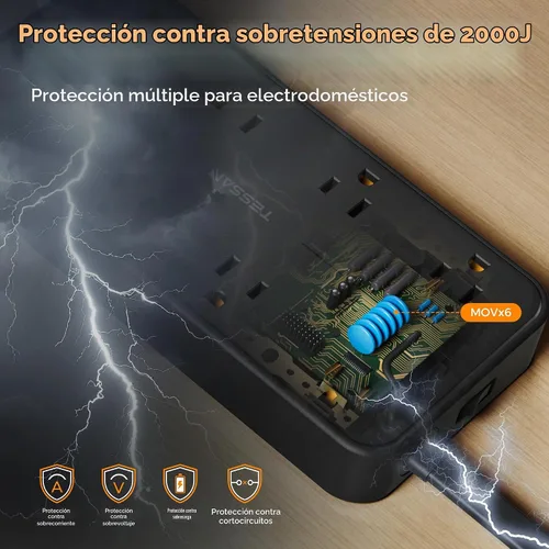 Vista 2 de TESSAN - Protector contra sobretensiones, cable de extensión de enchufe plano de 5 pies Negro