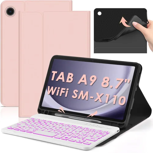 Vista 8 de DETUOSI Funda con teclado retroiluminado para Samsung Galaxy Tab A9 8.7 pulgadas SM-X110 WiFi 2023 Android Tablet con S Pen Holder TPU suave a