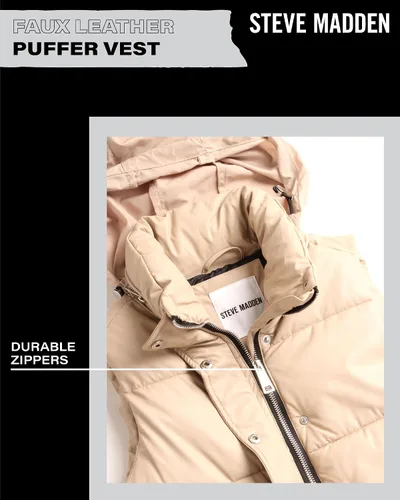 Vista 3 de Steve Madden Chaleco para mujer Chaleco de invierno acolchado de piel sintética para mujer Chaqueta acolchada sin mangas (S-XL)