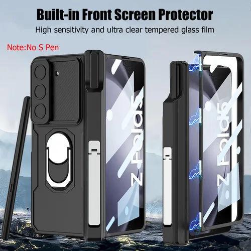 Vista 4 de Funda para Samsung Galaxy Z Fold 5 con protección magnética de bisagra, soporte de anillo y soporte para bolígrafo S, funda resistente a prueba
