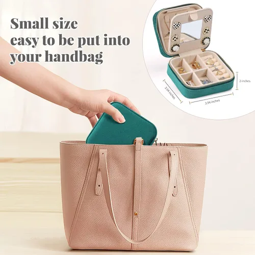 Vista 3 de Dajasan Joyero de viaje de terciopelo, mini estuche de joyería de viaje, pequeño organizador de joyas de viaje portátil con espejo para mujeres