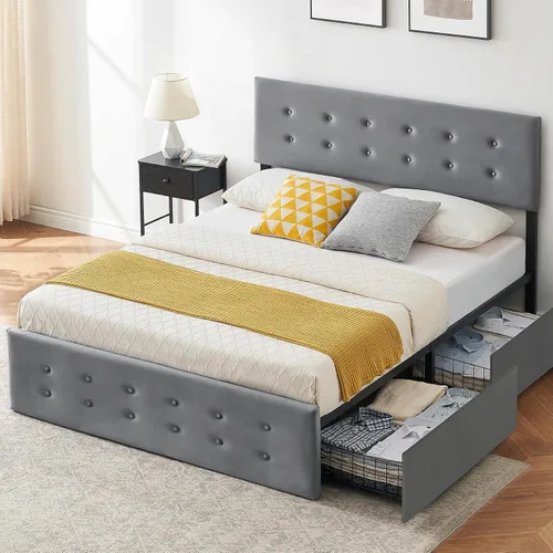 Vista 8 de Alkmaar Base de cama tapizada de terciopelo tamaño matrimonial con 4 cajones de almacenamiento y cabecero, base de colchón con botones cosidos