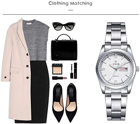 Vista 3 de MASTOP Reloj clásico de moda para mujer, resistente al agua, acero inoxidable, redondo, fecha, analógico, cuarzo, vestido, Blanco, Movimiento