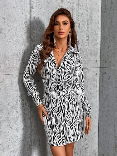 Vista 6 de WDIRARA Mini vestido tipo camisa de manga larga con cuello y abertura para mujer con estampado de cebra