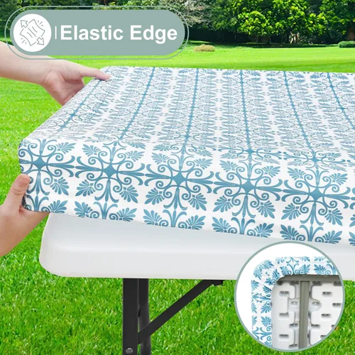 Vista 2 de Misaya - Mantel de vinilo rectangular, mantel elástico con respaldo de franela, 100% impermeable, cubierta de plástico para mesas plegables de 4
