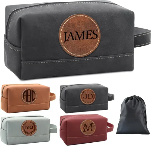 Vista 13 de Paquete de 2 bolsas de aseo personalizadas para hombres hechas a mano, kit de cuero personalizado para hombres, regalos personalizados para hombres