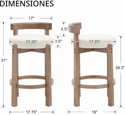 Vista 2 de DUOMAY Juego de 2 taburetes de bar modernos de 26 pulgadas de altura de mostrador, taburetes redondos de madera sin brazos, taburete de isla de Beige