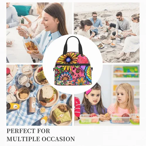 Vista 7 de Bolsa de almuerzo con diseño de flores de arte hippie reutilizable, aislada, lonchera con correa ajustable para el hombro, para oficina, trabajo