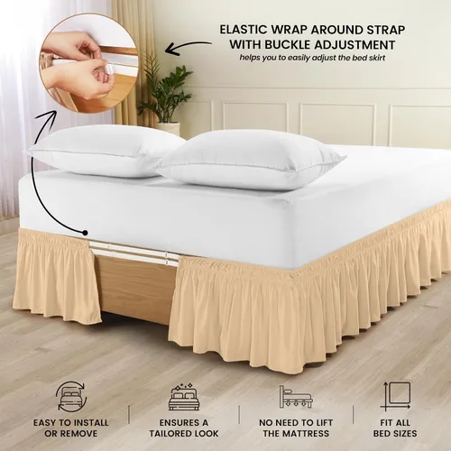 Vista 3 de Wrap Around Queen Bed Skirt, Easy Fit Elastic Belt, 16 Inch Drop, Beige