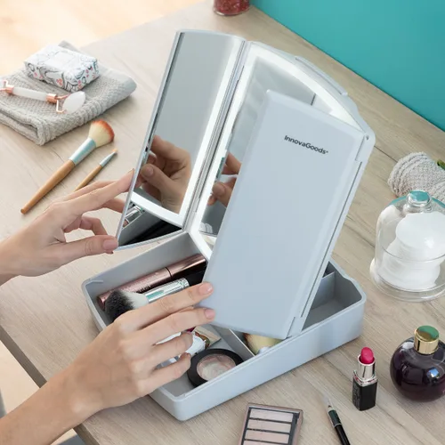 Vista 4 de Espejo LED Plegable con Organizador de Maquillaje 3 en 1 Panomir InnovaGoods