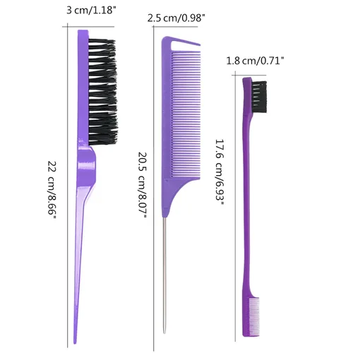Vista 4 de Juego de 3 piezas de peine de peinado para el cabello, cepillo de cola, peine de cola, cepillo de borde para el borde de la espalda, peinado, corte