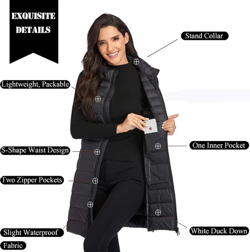 Vista 4 de Obosoyo Chaleco de plumón largo ultraligero para mujer, para invierno, plegable, ligero, para exteriores, chaleco acolchado