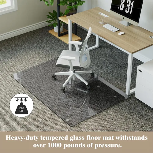 Vista 4 de Koonmi Tapete para silla de vidrio templado para suelos de madera dura y alfombras, 30" x 48" gris, protector de piso de oficina de servicio pesado