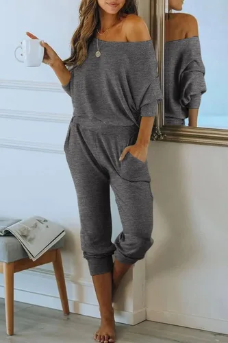 Vista 3 de PRETTYGARDEN Conjunto deportivo acanalado de 2 piezas para mujer, hombros descubiertos, manga larga, pantalones de descanso con bolsillos