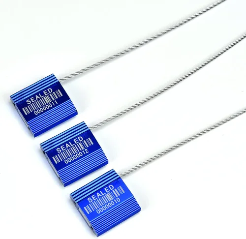 Vista 5 de 50 sellos de cable de alta seguridad azules con código de barras - Etiquetas autoblocantes numeradas de acero antimanipulación para envío