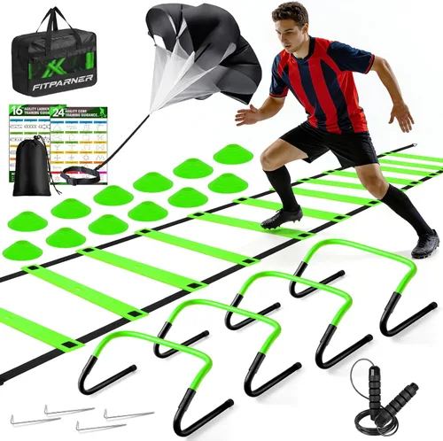 Vista 12 de Escalera de agilidad, juego de equipo de entrenamiento de fútbol y fútbol, escalera de velocidad de 20 pies, 4 obstáculos, paracaídas, 12 conos