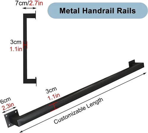 Vista 2 de Pasamanos de escaleras 1FT~20F-Kit completo. Pasamanos de escalones para interiores y exteriores, barandilla de tubo cuadrado industrial de metal