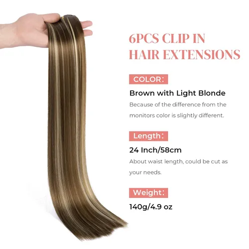 Vista 4 de LONAI - Extensiones de cabello con clip, 6 piezas, extensiones de cabello lacio de 24 pulgadas para mujer, postizo sintético resistente al calor