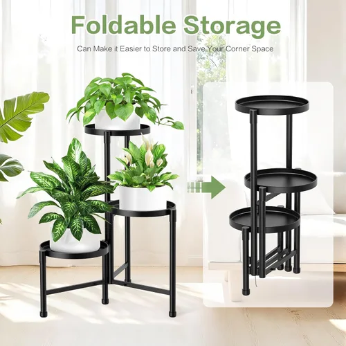 Vista 5 de Soporte esquinero de metal de 3 niveles para interiores y exteriores, soporte para múltiples macetas de 30 pulgadas de alto, organizador de plantas