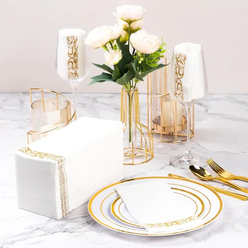 Vista 2 de Goodluck Paquete de 100 unidades de toallas de invitados con tacto de lino desechables – Toallas de mano de papel suaves y absorbentes para baño