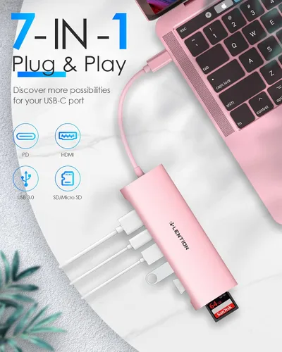 Vista 3 de LENTION Hub multipuerto USB C 7 en 1 con HDMI 4K, 100 W PD, 3 puertos USB 3.0, lector de tarjetas SD/MicroSD compatible con MacBook Pro/Air Oro Rosa