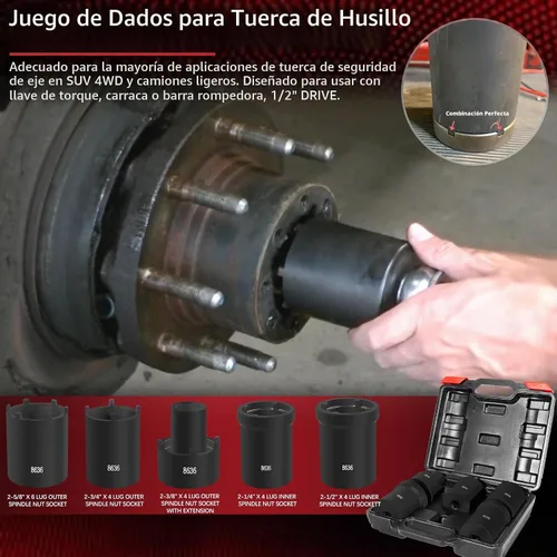 Vista 2 de Kit de Herramientas de Llaves de Tuerca de Husillo 5 Piezas Juego de Llaves de Tuerca de Bloqueo de Cubo de Eje 1/2" Drive Extractor Instalador