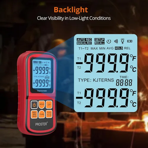 Vista 3 de Proster tester medidor de temperatura con retroiluminación LCD de dos canales con termómetro y termopar digital para clase K/J/T/E/R/S/N, con dos