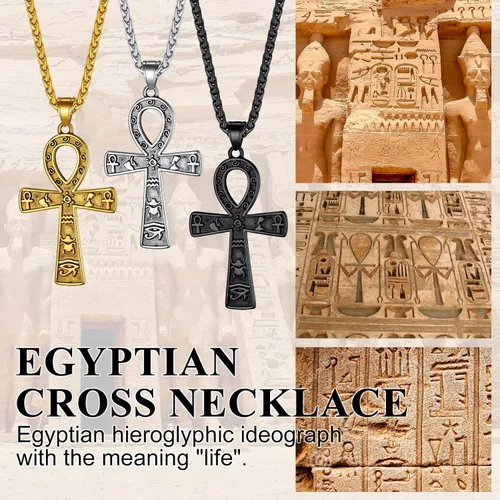 Vista 2 de Collar con colgante de cruz de Ankh chapado en acero inoxidable, oro y negro, para hombres y mujeres, con cadena de trigo, joyería religiosa