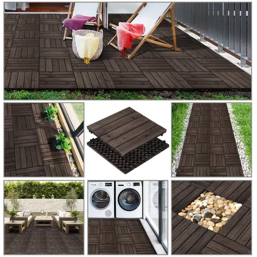 Vista 2 de Yaheetech 44 baldosas de madera de 12 x 12 pulgadas entrelazadas para patio, jardín, balcón, revestimiento de suelo al aire libre para camino junto