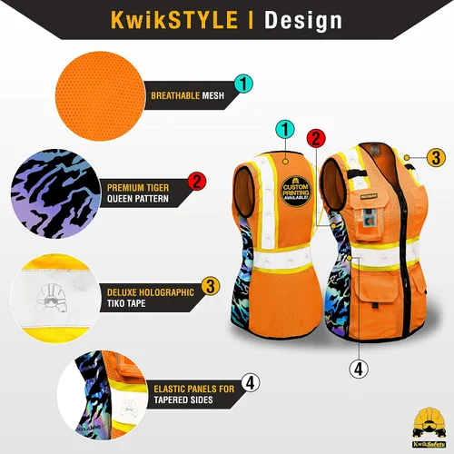 Vista 2 de KwikSafety TIGER QUEEN - Chaleco de seguridad para mujer [naranja, XL] + paquete de casco duro de ala completa TORTOISE