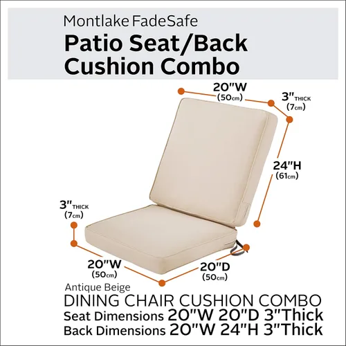 Vista 2 de Classic Accessories Montlake FadeSafe - Cojín para sillas de patio resistente al agua, 44 x 20 x 3 pulgadas, color beige antiguo, juego de cojines