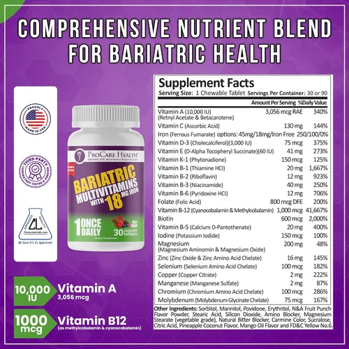Vista 3 de ProCare Health Multivitamínico masticable bariátrico con hierro de 18 mg (30 tabletas) – Multivitamínico bariátrico con sabor a ponche de fruta