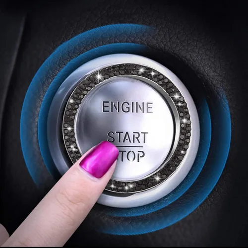 Vista 6 de WINKA 4 tapones para válvula de neumático de automóvil con diamantes de imitación, 1 cubierta de botón de motor de automóvil, anillo de encendido
