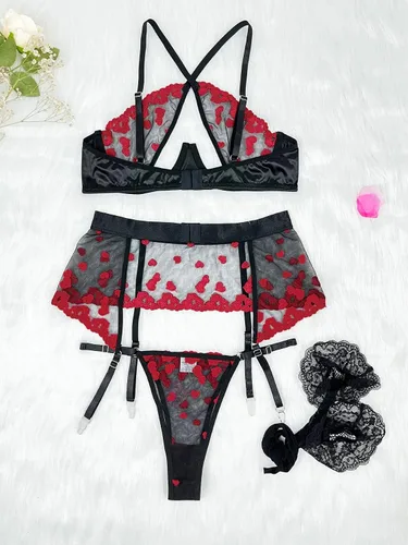 Vista 6 de WDIRARA Conjunto de lencería sexy con estampado de labios entrecruzados de malla con corte de liguero con calcetín