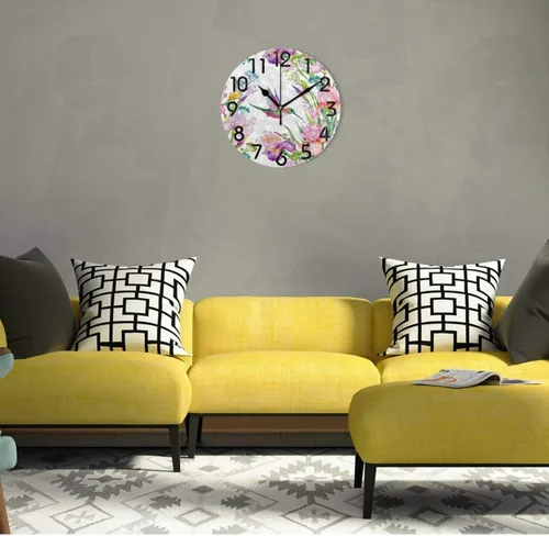 Vista 4 de Spring Hummingbird - Reloj de pared redondo con estampado de flores, 9.5 pulgadas, funciona con pilas, reloj de escritorio analógico silencioso