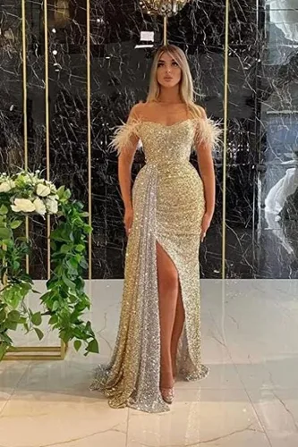 Vista 4 de NNagrace Vestidos de graduación de lentejuelas con hombros descubiertos para mujer con abertura de plumas vestidos de noche formales largos