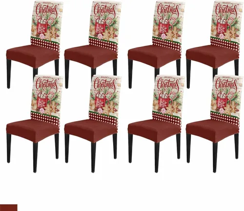 Vista 23 de YOKOU Juego de 4 fundas elásticas para sillas de comedor, diseño de copos de nieve, estrellas, fondo rojo, invierno, fundas protectoras extraíbles