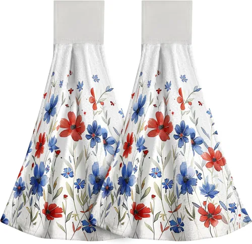 Vista 20 de Poppy Flower Hanging Hand Towels Set of 2,17x12 Inch Watercolor Chinoiserie Yellow Black Floral Soft Absorbent Dish Cloth Tie Towel for Kitchen
