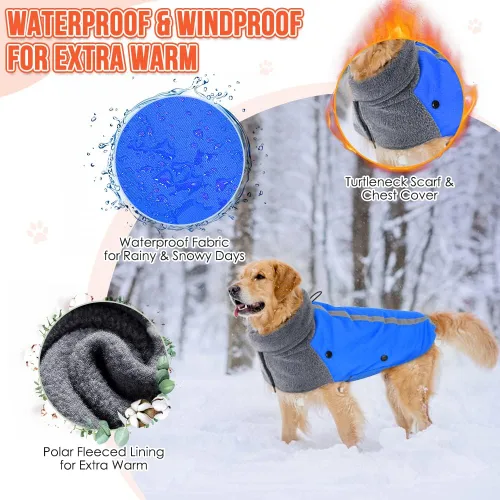 Vista 2 de SlowTon Abrigo de invierno para perro, cálida chaqueta para perros con forro polar para exteriores con bufanda de cuello alto, raya reflectante E.