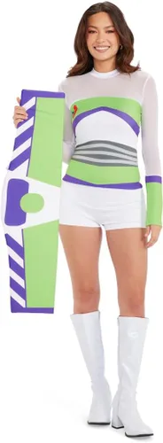 Vista 4 de Tipsy Elves Disfraz de guardabosques espaciales blanco verde y morado de los años 90 para mujer con alas
