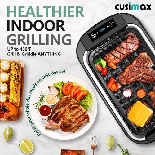 Vista 5 de Parrilla de Interior, CUSIMAX Parrilla Sin Humo de Interior, Parrilla Eléctrica Plancha de 1500W BBQ Coreana con Pantalla Inteligente LED y Tapa
