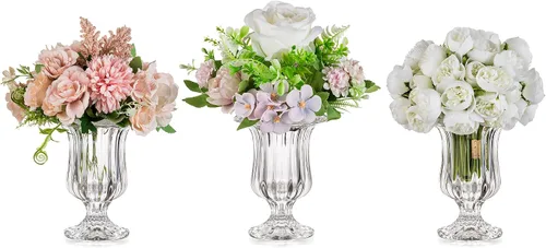 Vista 11 de Glasseam Jarrón de cristal con pedestal para flores, juego de 3 jarrones de compota de 7.5 pulgadas de alto, jarrones transparentes para centros