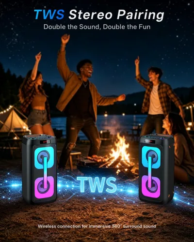 Vista 4 de Máquina de karaoke con 2 micrófonos inalámbricos, sistema PA portátil con luces LED, Bluetoot 5.3, altavoz de fiesta compatible con tipo C, USB